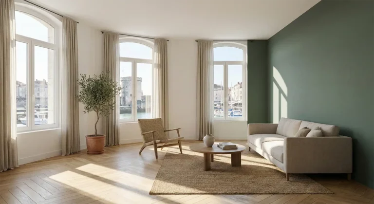 Salon moderne rénové à La Rochelle avec peinture murale blanche mate et mur vert sauge