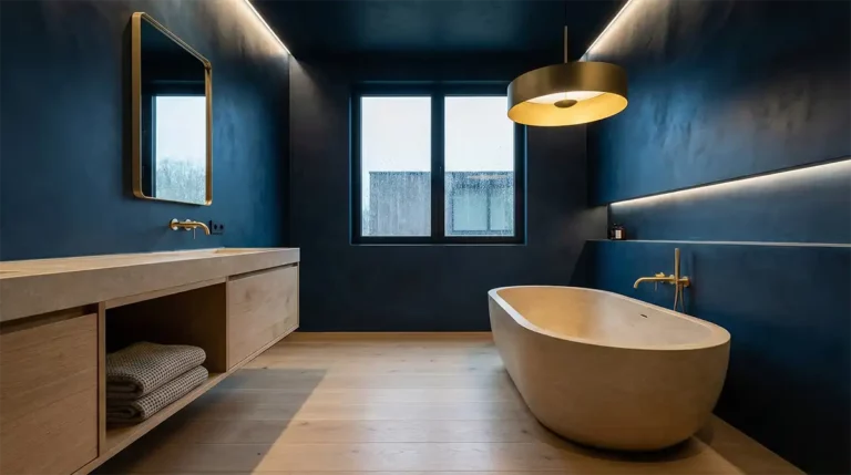 Salle de bain haut de gamme rénovée par Sfari peinture la rochelle en bleu roi et OR.